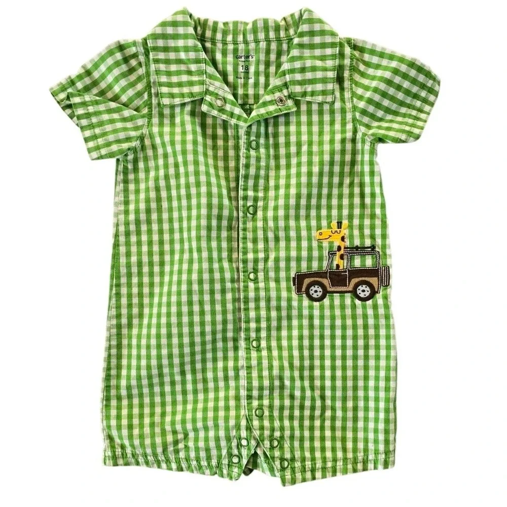 Set of‎ 2 Carter's Blue & GREEN Gingham Romper Infant Boy size 18 months #081